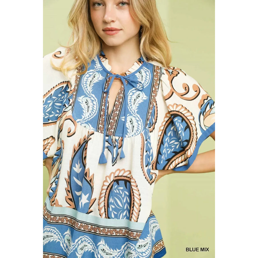Umgee Mix Paisley Border Print Tassel Top Apparel and Accessories
