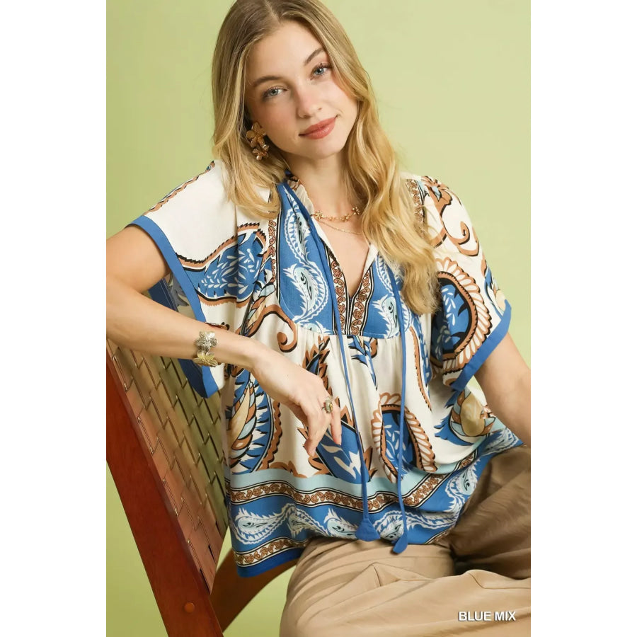 Umgee Mix Paisley Border Print Tassel Top Apparel and Accessories