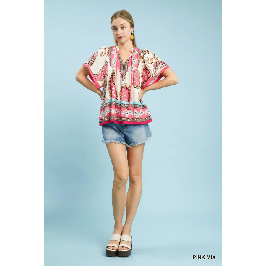 Umgee Mix Paisley Border Print Tassel Top Apparel and Accessories