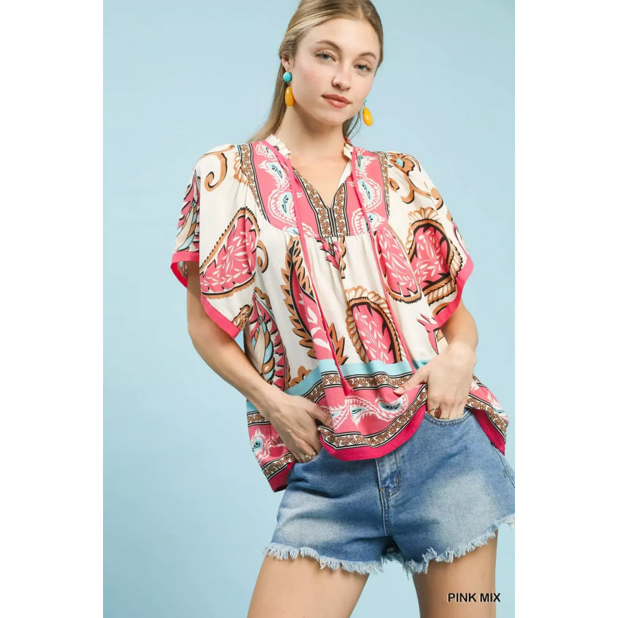 Umgee Mix Paisley Border Print Tassel Top PINK MIX / S Apparel and Accessories