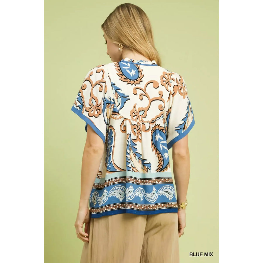 Umgee Mix Paisley Border Print Tassel Top Apparel and Accessories