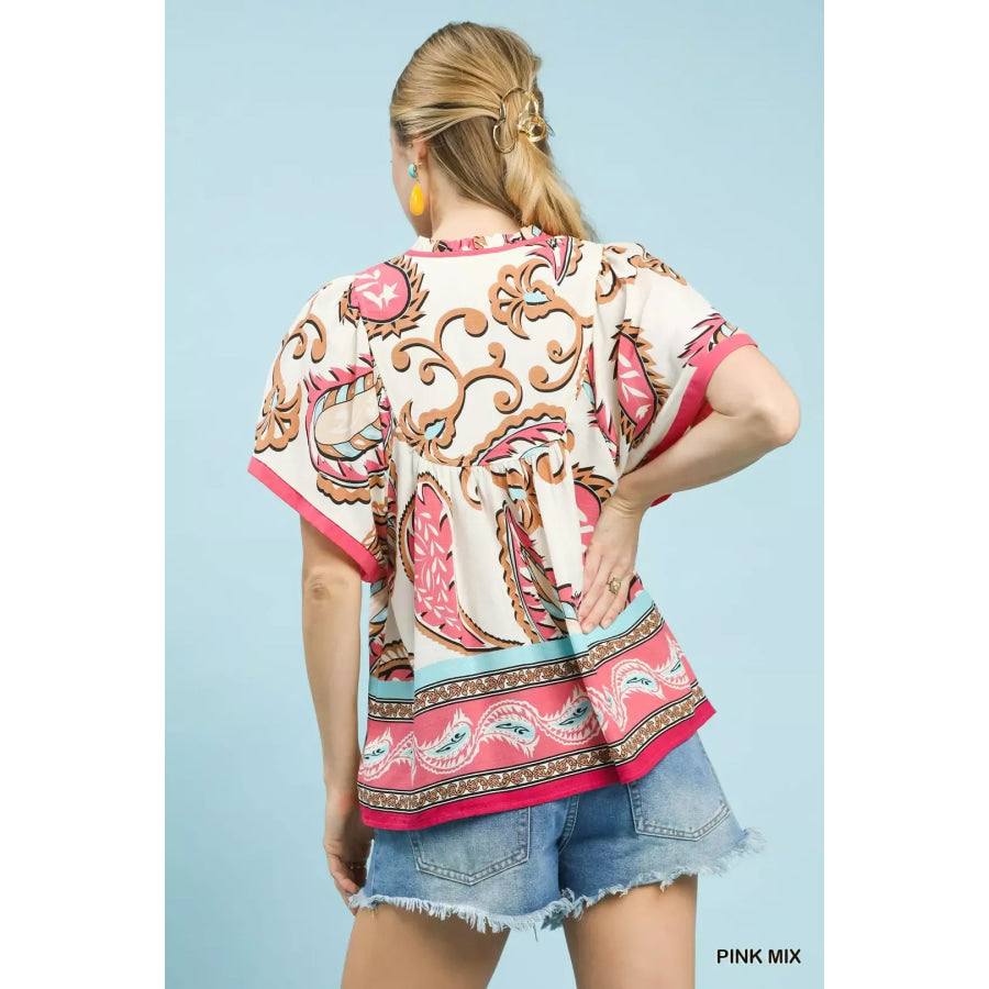 Umgee Mix Paisley Border Print Tassel Top Apparel and Accessories