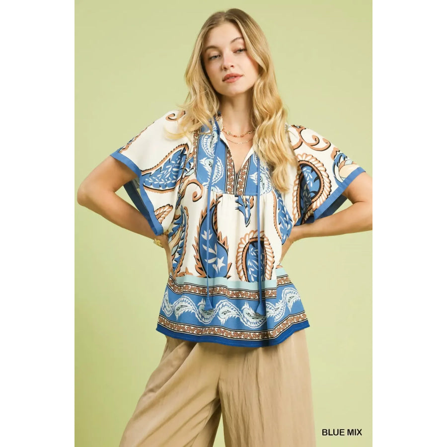 Umgee Mix Paisley Border Print Tassel Top BLUE MIX / S Apparel and Accessories