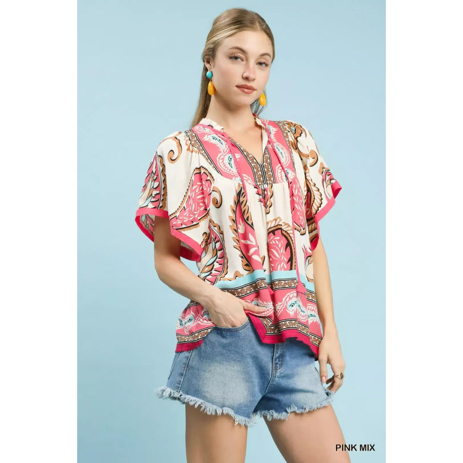 Umgee Mix Paisley Border Print Tassel Top PINK MIX / S Apparel and Accessories
