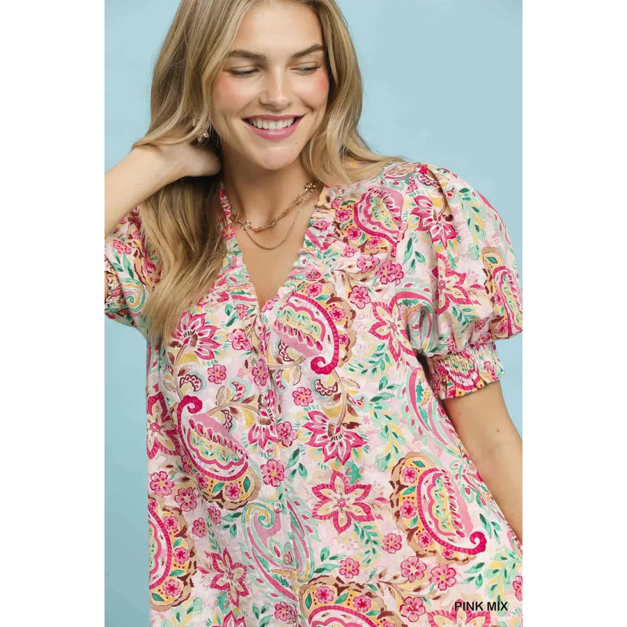Umgee Mix Paisley Floral Button Down Shirt Apparel and Accessories