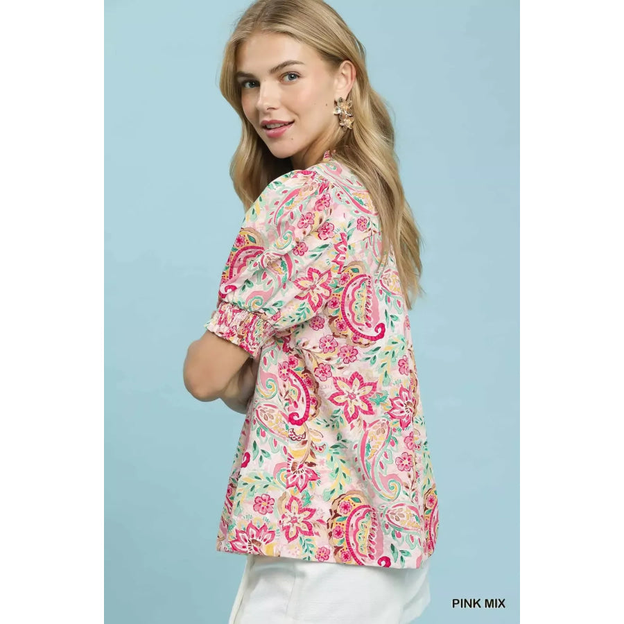 Umgee Mix Paisley Floral Button Down Shirt PINKMIX / S Apparel and Accessories