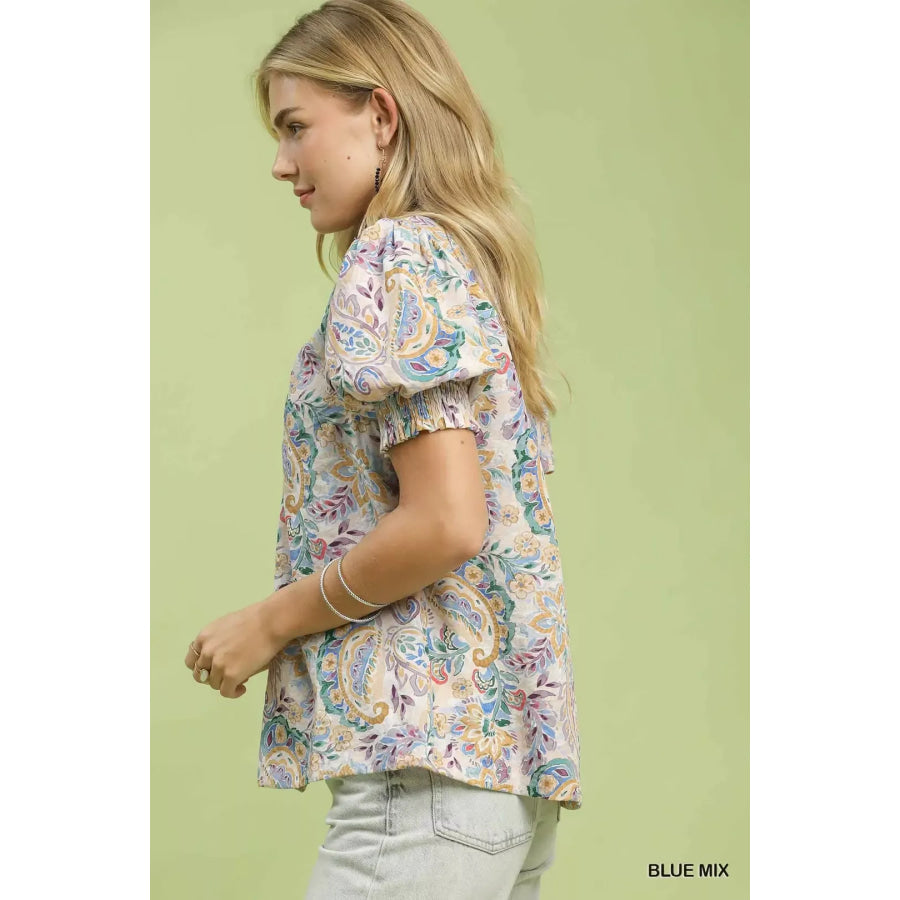 Umgee Mix Paisley Floral Button Down Shirt BLUEMIX / S Apparel and Accessories