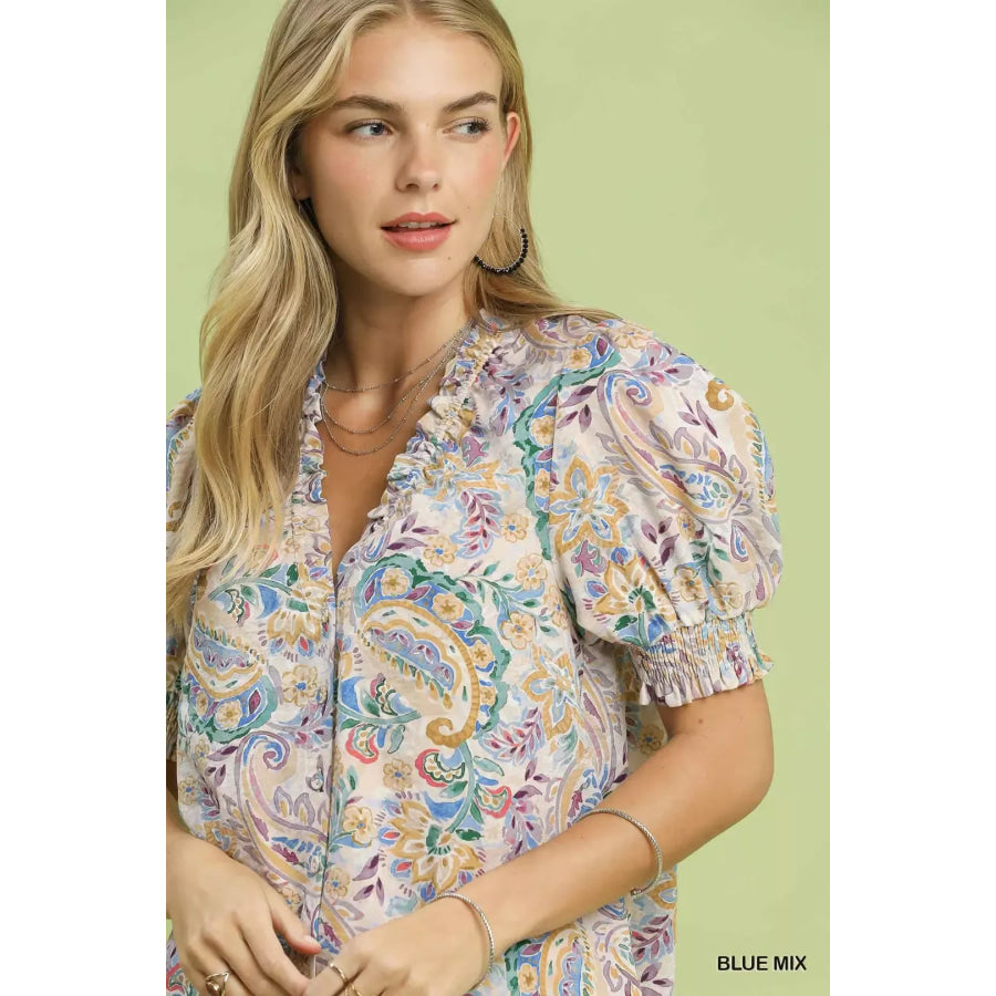 Umgee Mix Paisley Floral Button Down Shirt Apparel and Accessories