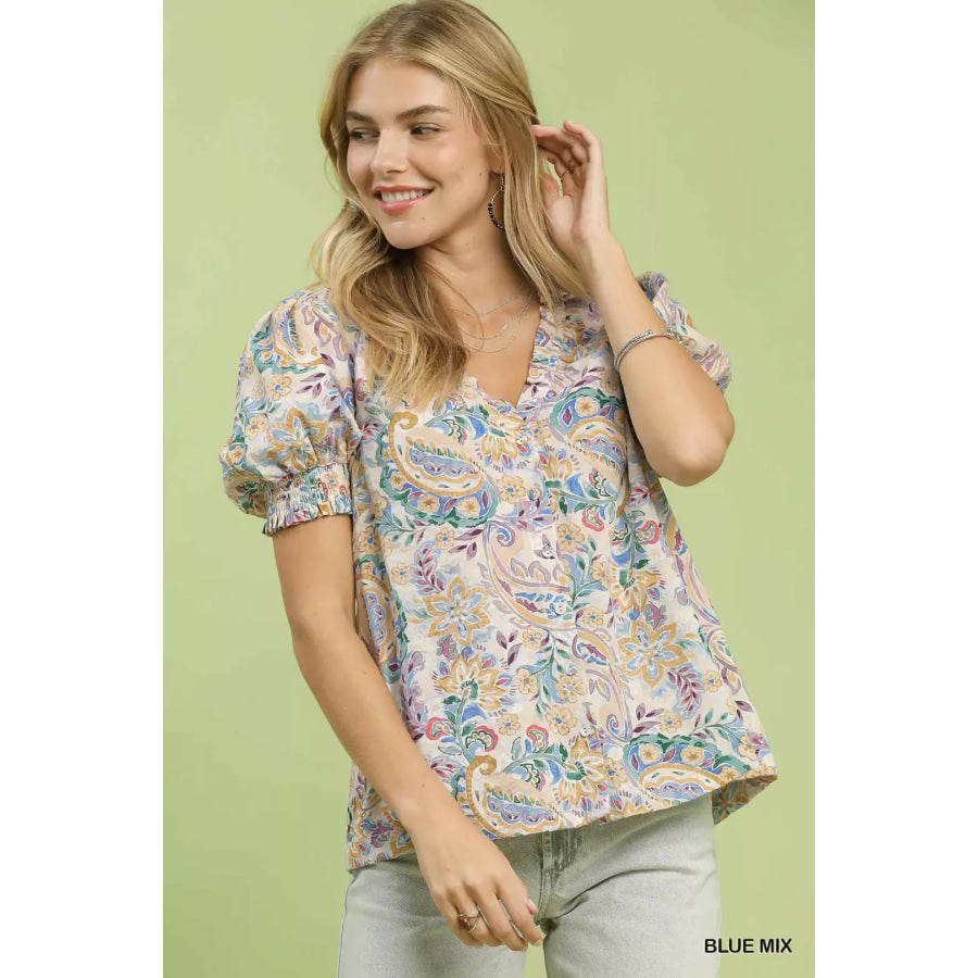 Umgee Mix Paisley Floral Button Down Shirt BLUEMIX / S Apparel and Accessories
