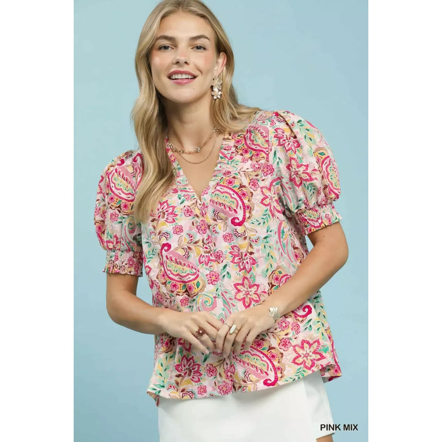 Umgee Mix Paisley Floral Button Down Shirt PINKMIX / S Apparel and Accessories