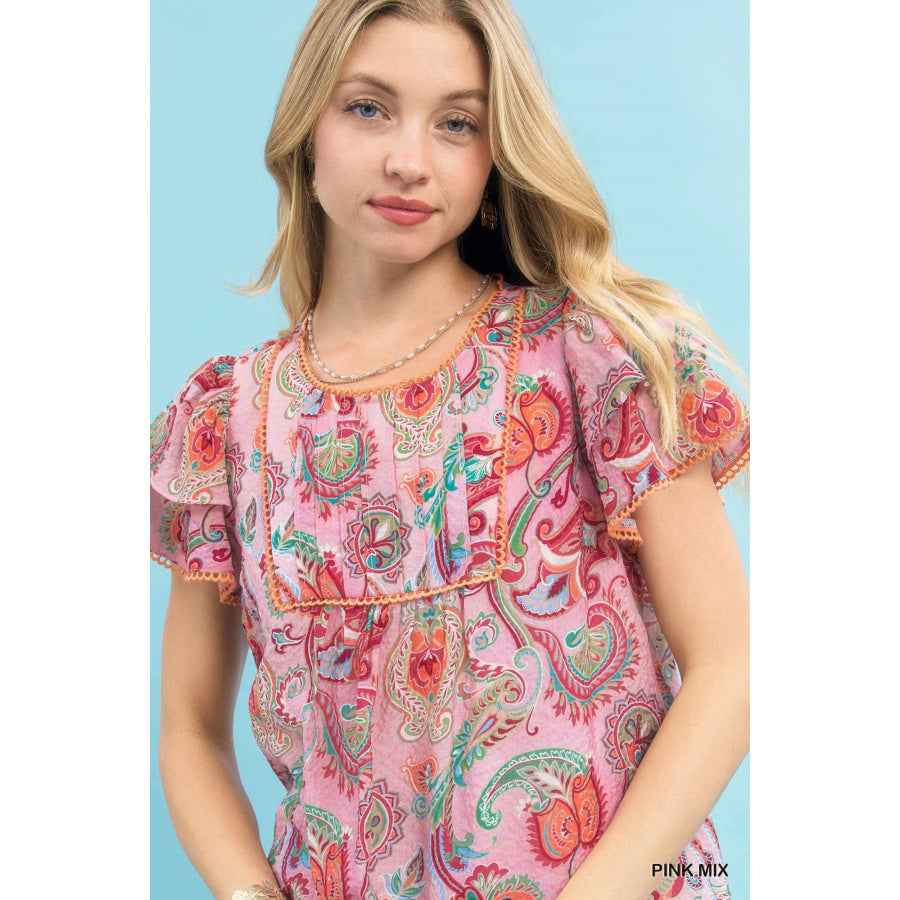 Umgee Mix Paisley Ruffle Sleeve Top Apparel and Accessories