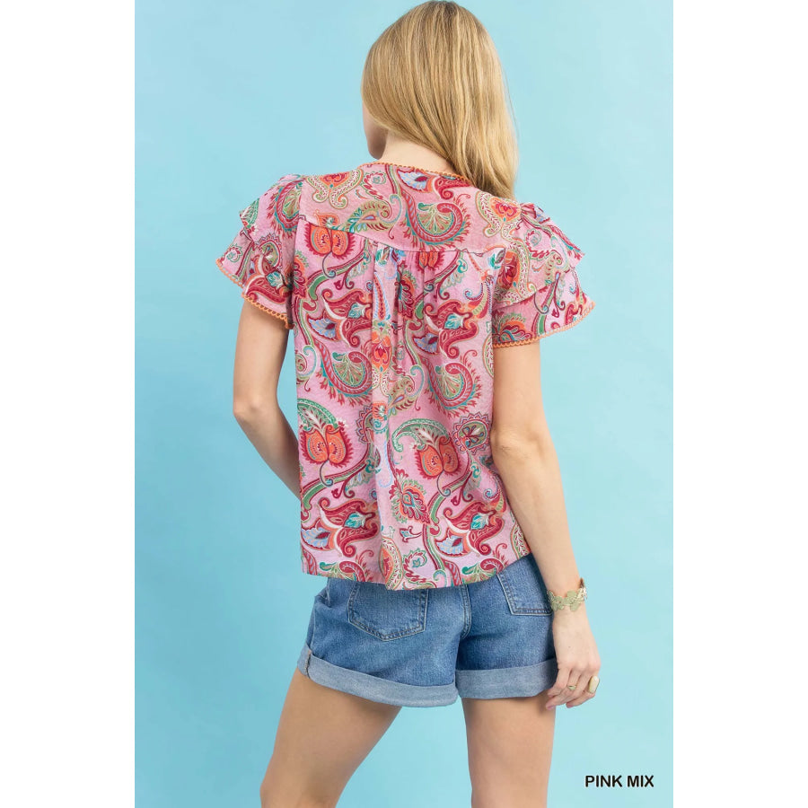 Umgee Mix Paisley Ruffle Sleeve Top Apparel and Accessories