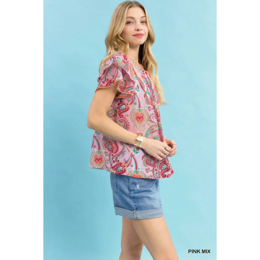 Umgee Mix Paisley Ruffle Sleeve Top Apparel and Accessories