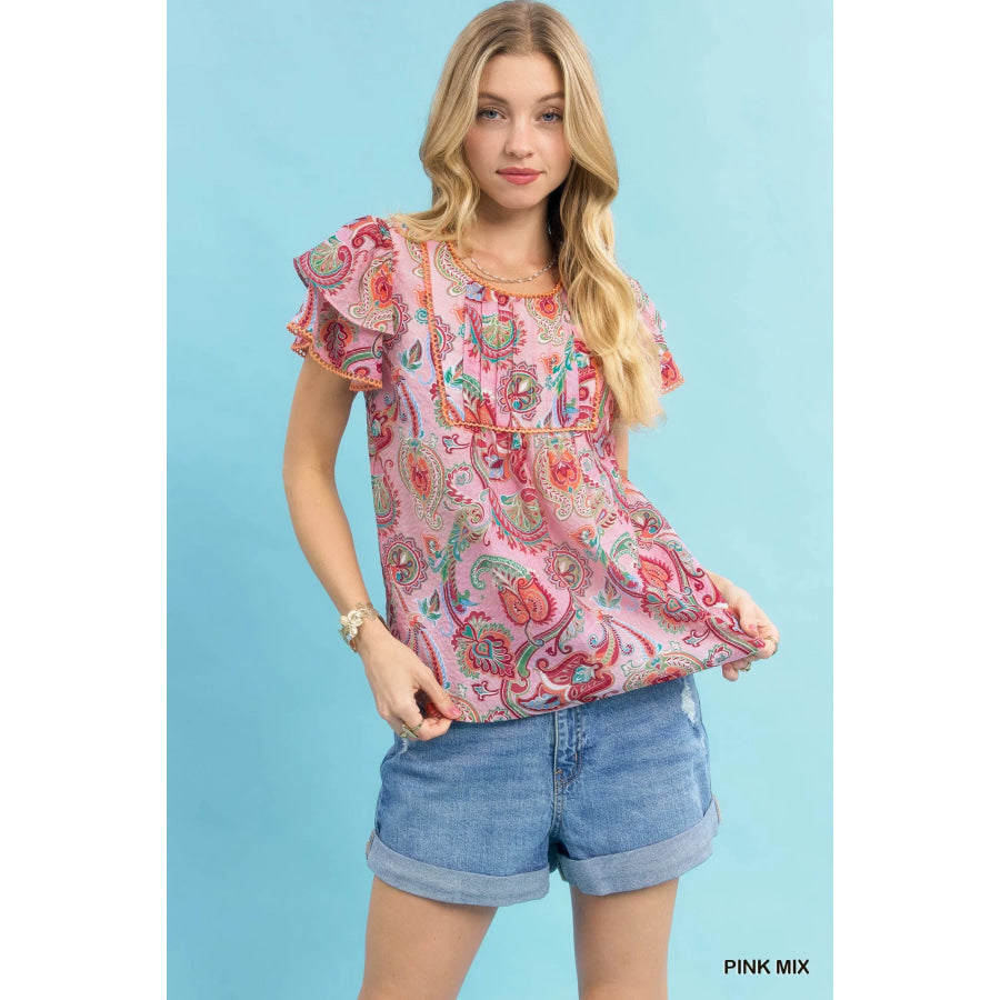 Umgee Mix Paisley Ruffle Sleeve Top PINK MIX / S Apparel and Accessories