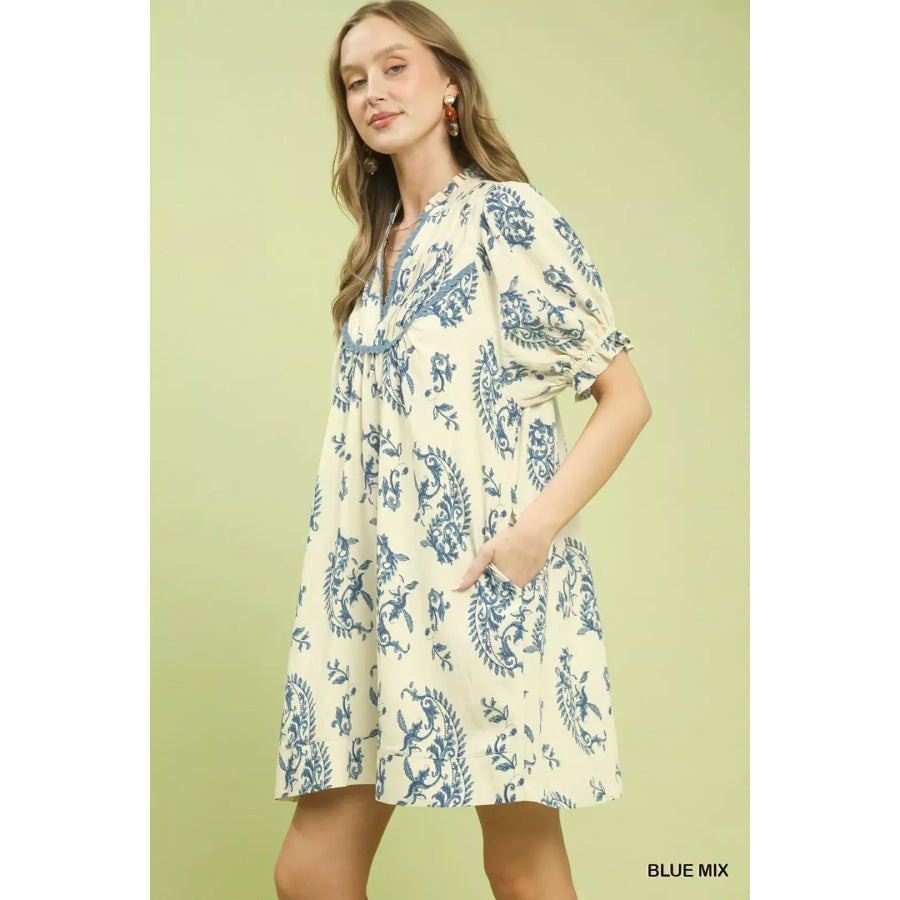 Umgee Mix Paisley Scallop Trim Dress BLUE MIX / S Apparel and Accessories