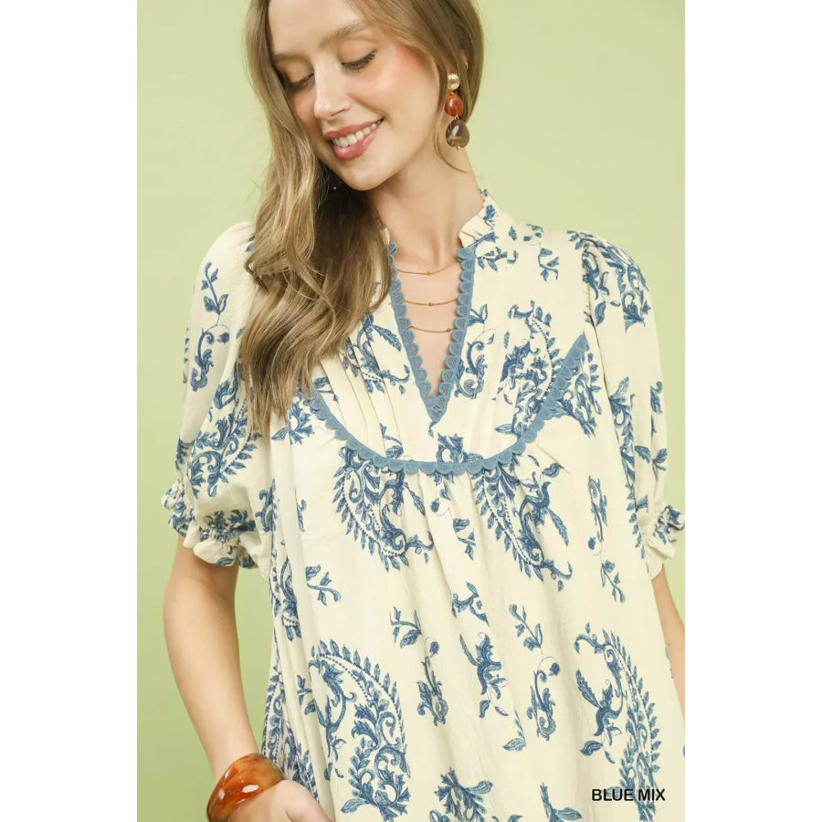 Umgee Mix Paisley Scallop Trim Dress Apparel and Accessories