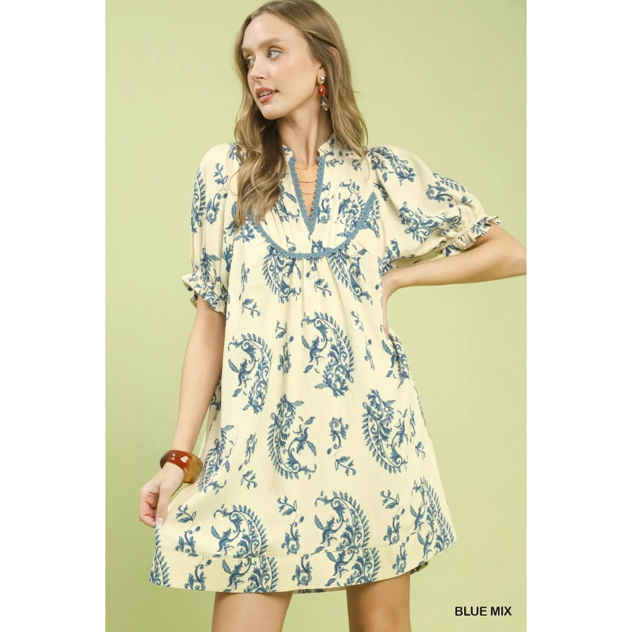Umgee Mix Paisley Scallop Trim Dress BLUE MIX / S Apparel and Accessories