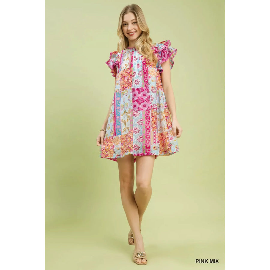 Umgee Mix Patchwork Flutter Sleeve Mini Dress Apparel and Accessories
