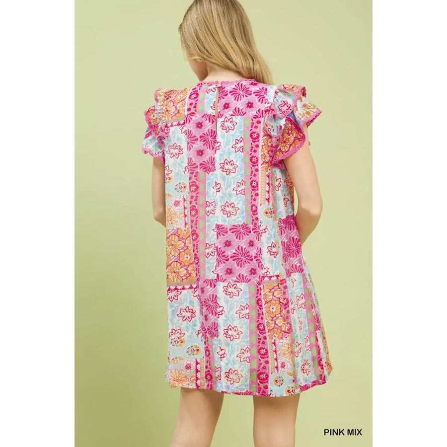 Umgee Mix Patchwork Flutter Sleeve Mini Dress Apparel and Accessories