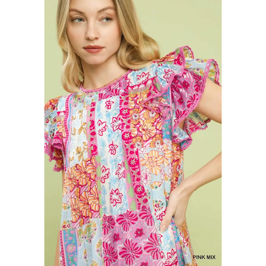 Umgee Mix Patchwork Flutter Sleeve Mini Dress Apparel and Accessories