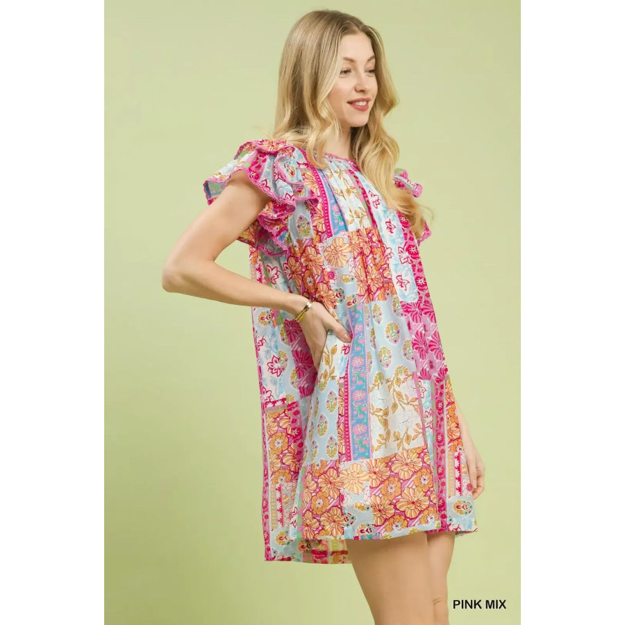 Umgee Mix Patchwork Flutter Sleeve Mini Dress PINK MIX / S Apparel and Accessories