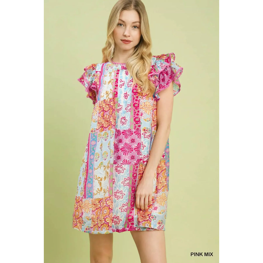 Umgee Mix Patchwork Flutter Sleeve Mini Dress PINK MIX / S Apparel and Accessories