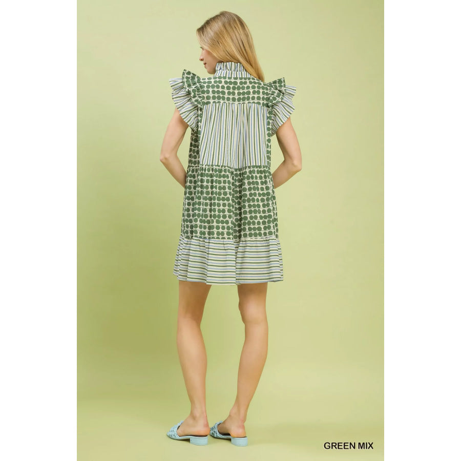 Umgee Mix Patchwork Flutter Sleeve Tiered Dress Apparel and Accessories