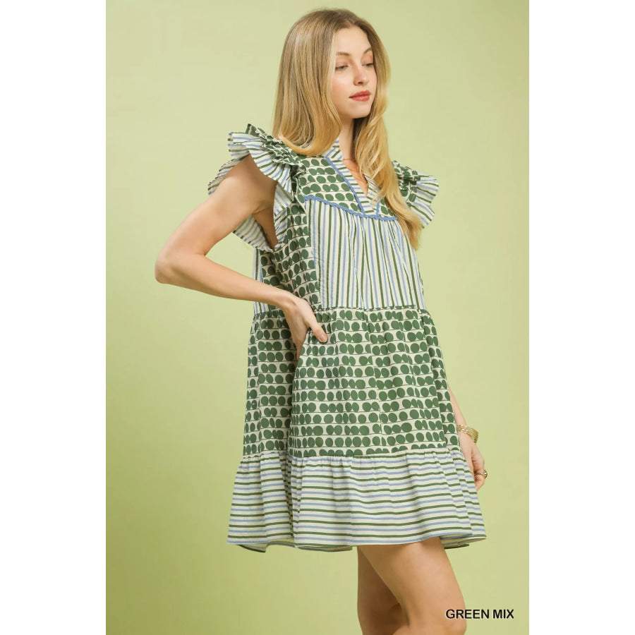 Umgee Mix Patchwork Flutter Sleeve Tiered Dress Apparel and Accessories