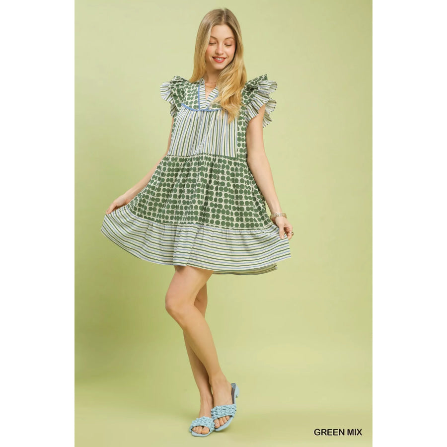 Umgee Mix Patchwork Flutter Sleeve Tiered Dress Apparel and Accessories