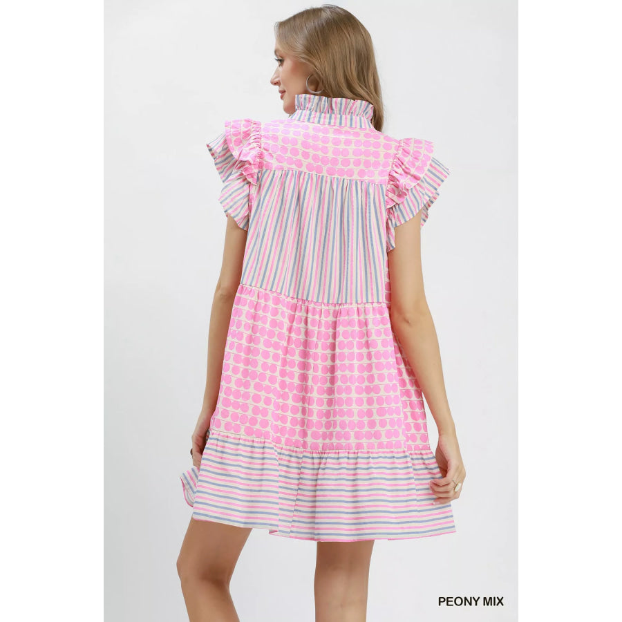 Umgee Mix Patchwork Flutter Sleeve Tiered Dress Apparel and Accessories