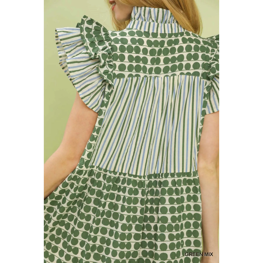 Umgee Mix Patchwork Flutter Sleeve Tiered Dress Apparel and Accessories