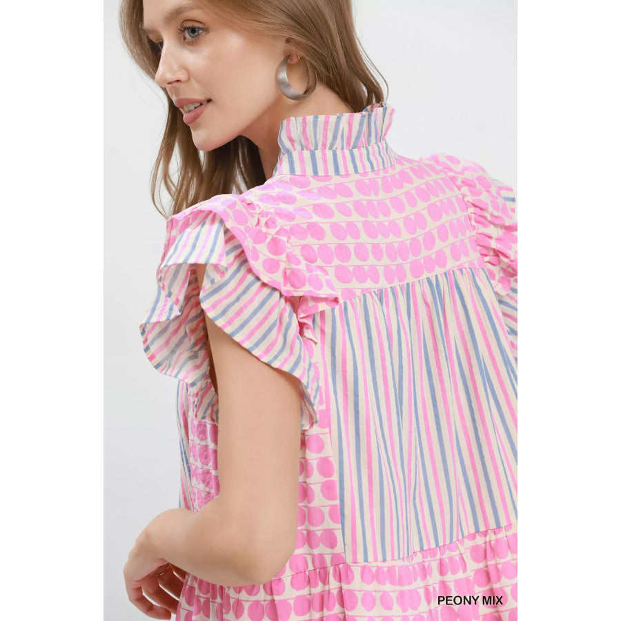 Umgee Mix Patchwork Flutter Sleeve Tiered Dress Apparel and Accessories