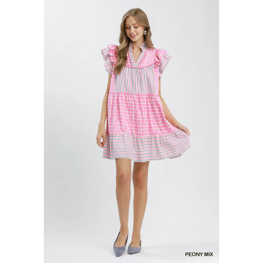 Umgee Mix Patchwork Flutter Sleeve Tiered Dress Apparel and Accessories