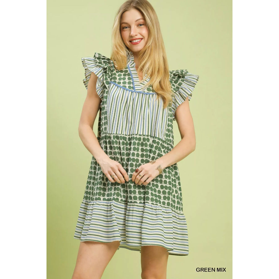 Umgee Mix Patchwork Flutter Sleeve Tiered Dress GREEN MIX / S Apparel and Accessories