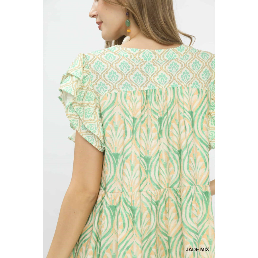 Umgee Mix Printed Flutter Sleeve Dress Apparel and Accessories