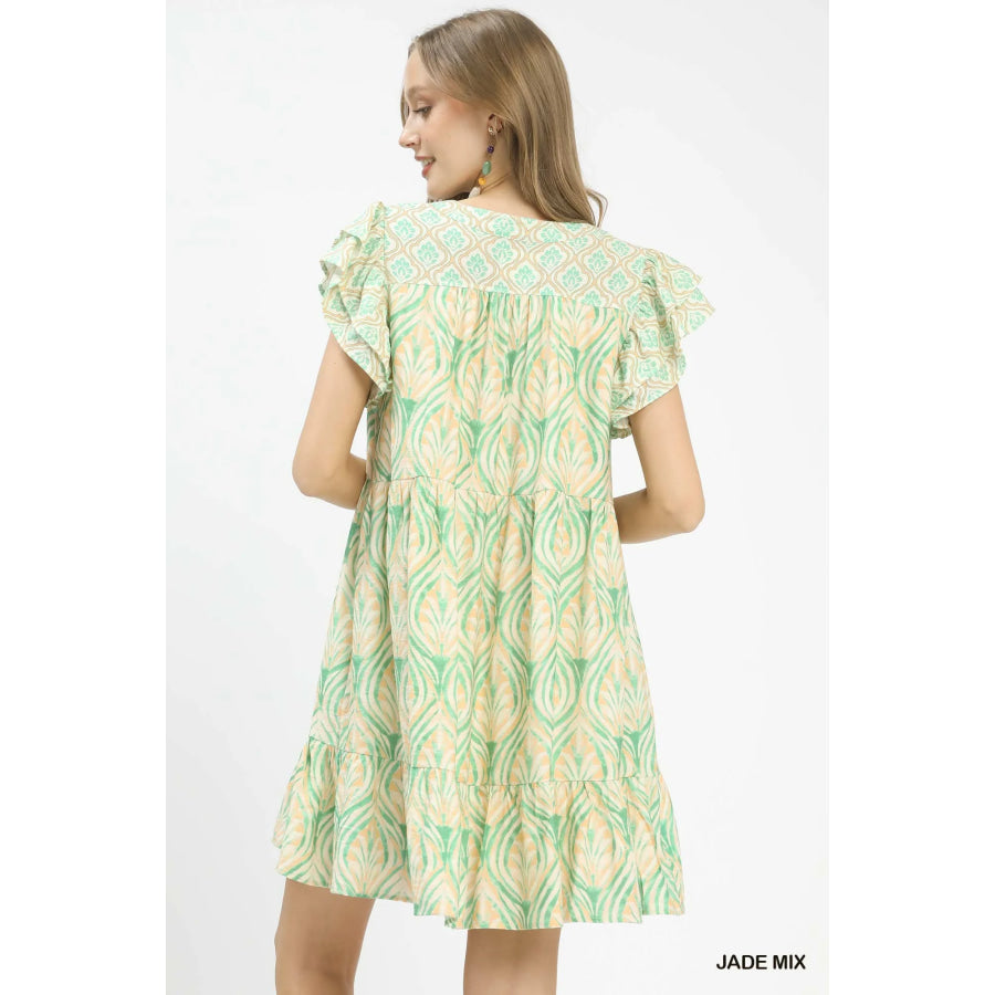 Umgee Mix Printed Flutter Sleeve Dress Apparel and Accessories