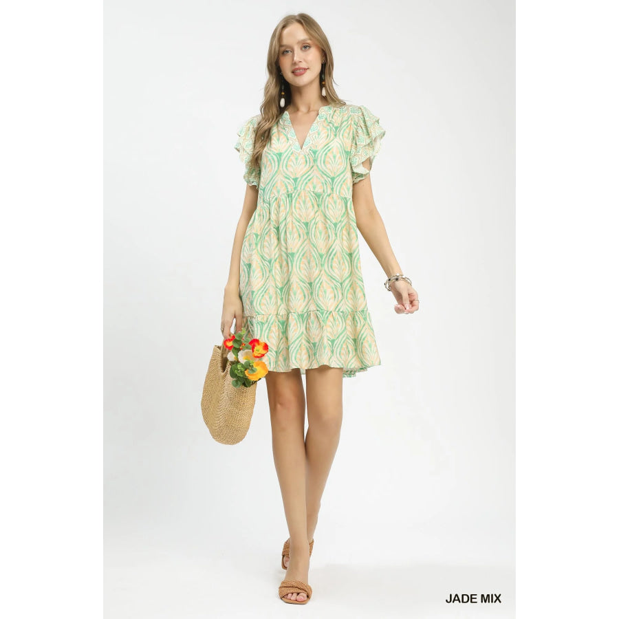 Umgee Mix Printed Flutter Sleeve Dress Apparel and Accessories