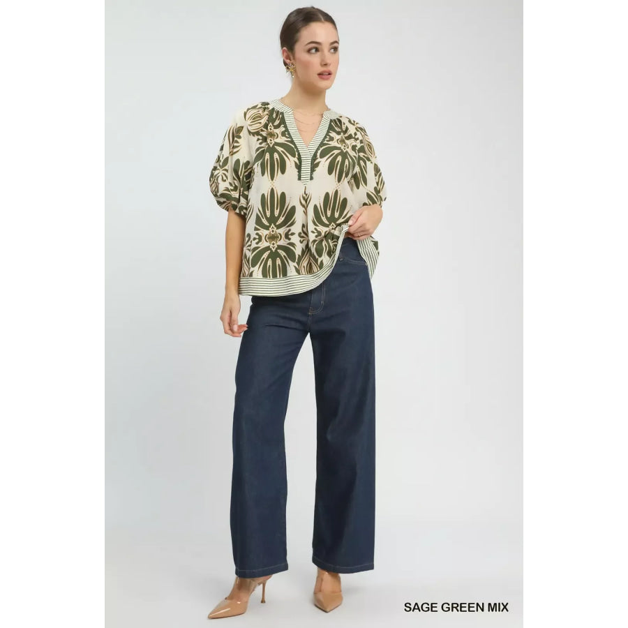 Umgee Mix Printed Puff Sleeve Top with Contrast Trim Apparel and Accessories