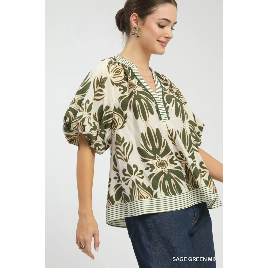 Umgee Mix Printed Puff Sleeve Top with Contrast Trim Apparel and Accessories