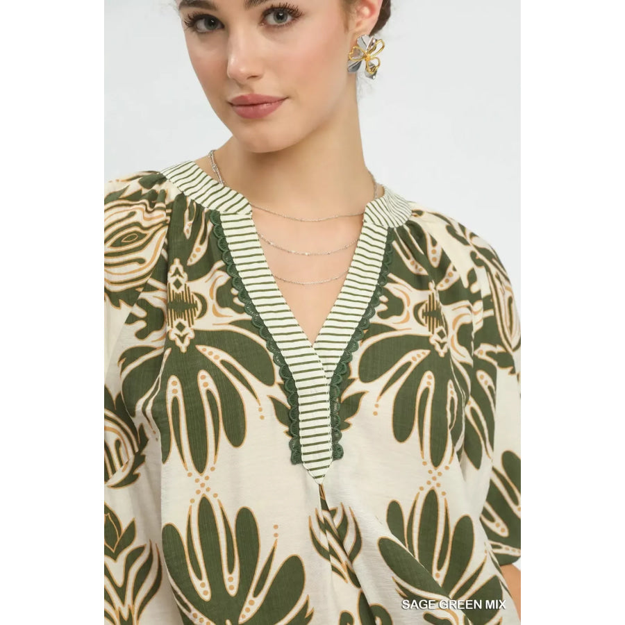 Umgee Mix Printed Puff Sleeve Top with Contrast Trim Apparel and Accessories