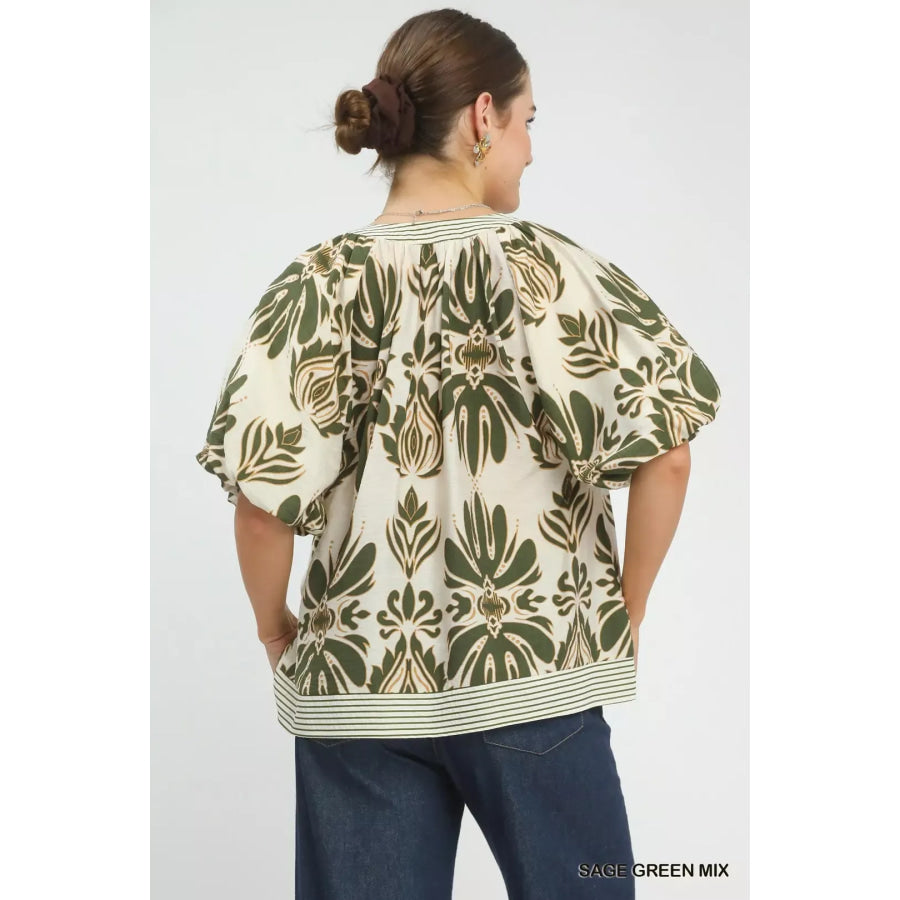 Umgee Mix Printed Puff Sleeve Top with Contrast Trim Apparel and Accessories