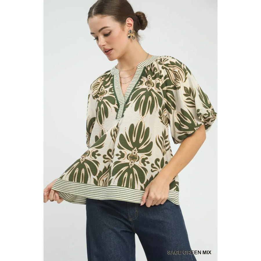 Umgee Mix Printed Puff Sleeve Top with Contrast Trim SAGE GREEN MIX / S Apparel and Accessories