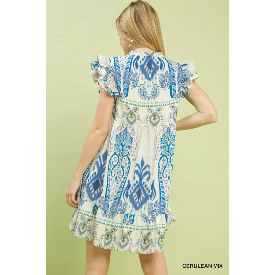 Umgee Mix Ruffle Sleeve Boho Print Dress Apparel and Accessories