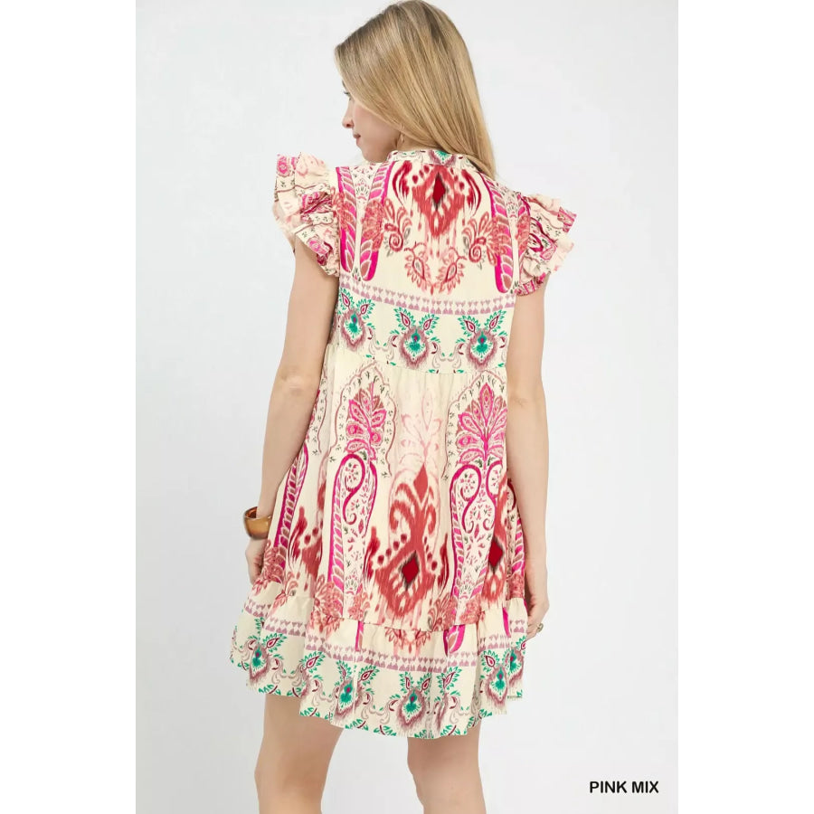 Umgee Mix Ruffle Sleeve Boho Print Dress Apparel and Accessories