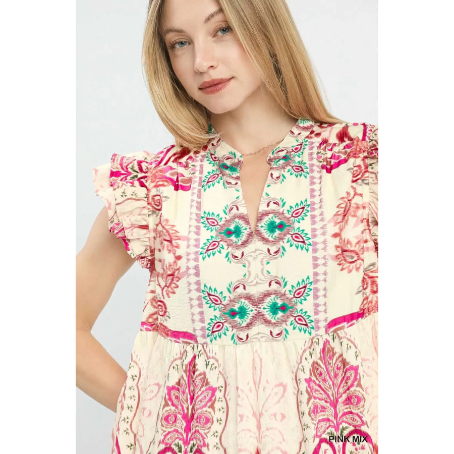 Umgee Mix Ruffle Sleeve Boho Print Dress Apparel and Accessories