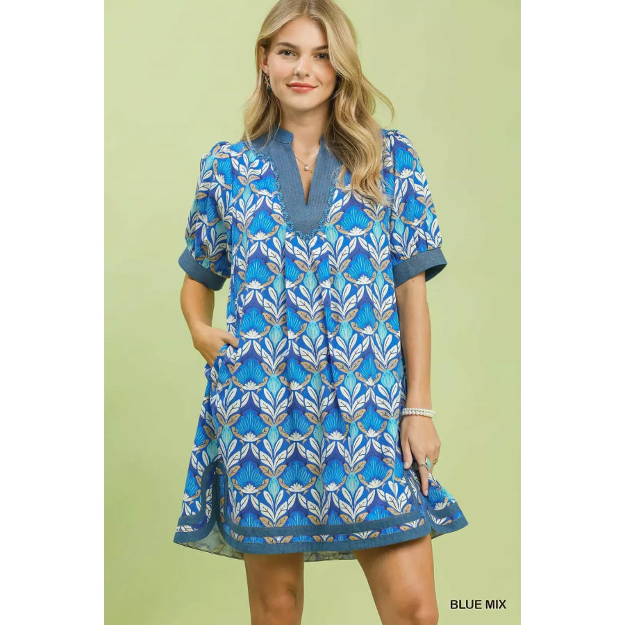 Umgee Mix Tile Print Mini Dress BLUE MIX / S Apparel and Accessories