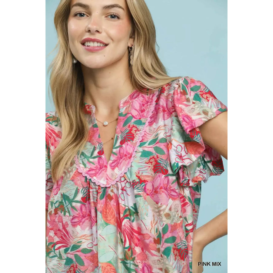 Umgee Mix Tropical Print Blouse with Ruffle Cap Sleeves Apparel and Accessories