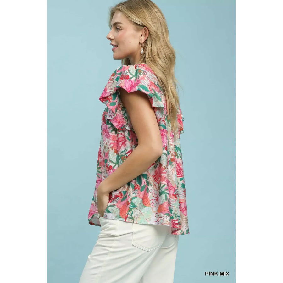 Umgee Mix Tropical Print Blouse with Ruffle Cap Sleeves Apparel and Accessories