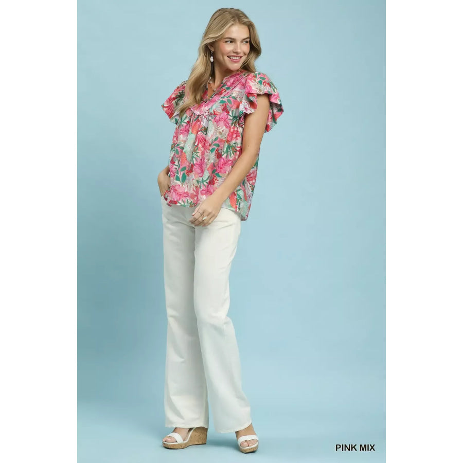 Umgee Mix Tropical Print Blouse with Ruffle Cap Sleeves Apparel and Accessories