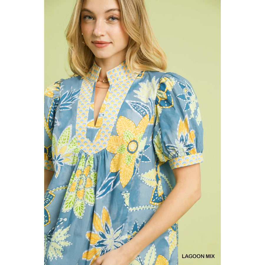 Umgee Mixed Abstract Print Puff Sleeve Blouse Apparel and Accessories